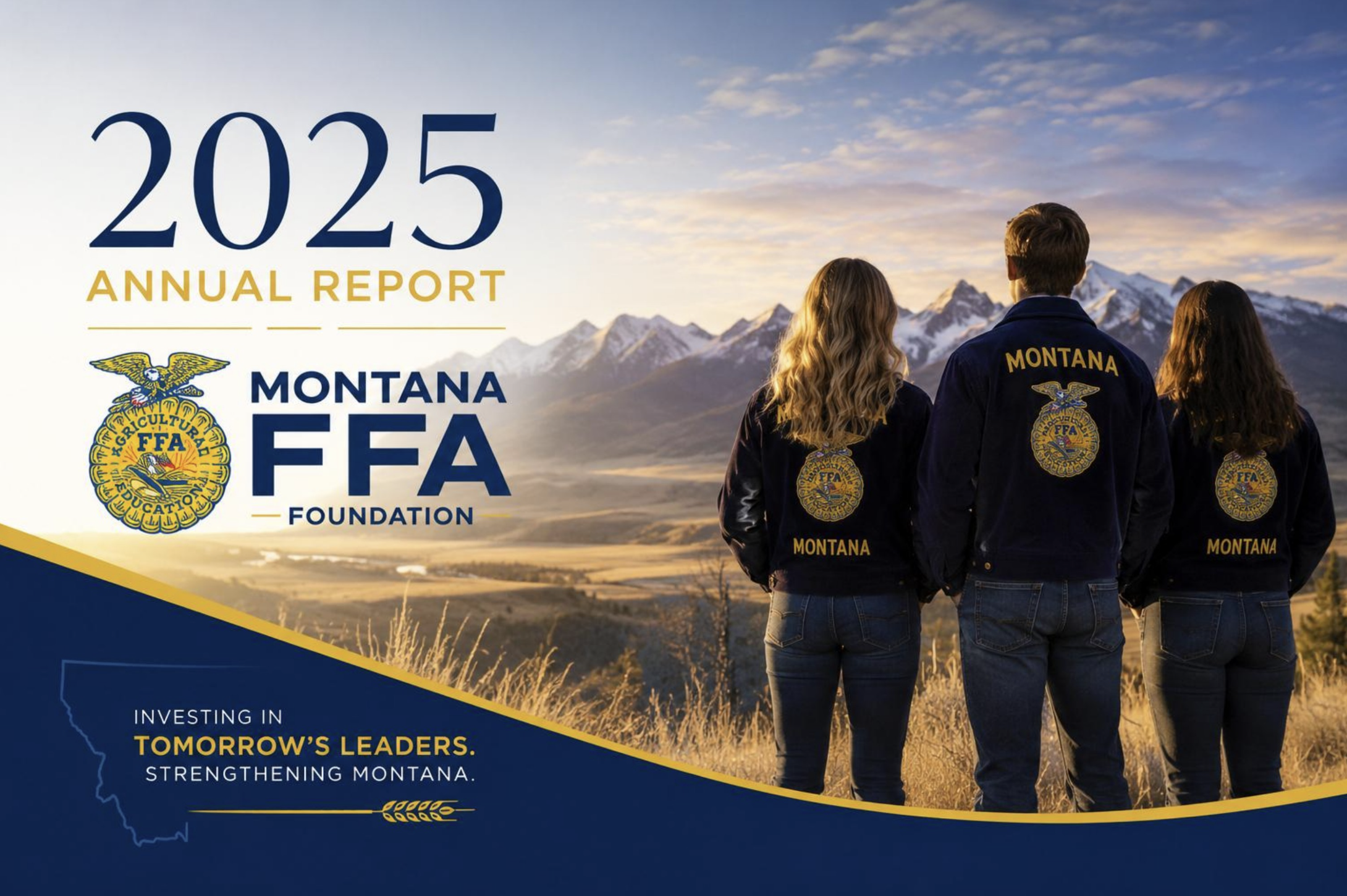 Montana FFA Foundation 2025 annual report cover with three students in jackets overlooking a mountain landscape at sunset